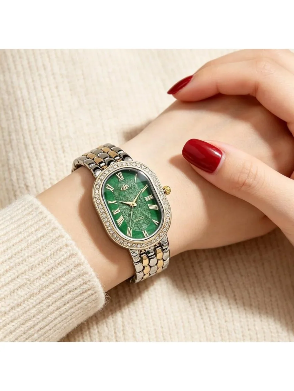 Women's Duotone Green Oval Rhinestones Case Adjustable Stainless Steel Watch